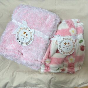 NWT Adirondack Baby Lot of 2 Blankets 30 x 40 Pink Cherries Flowers‎